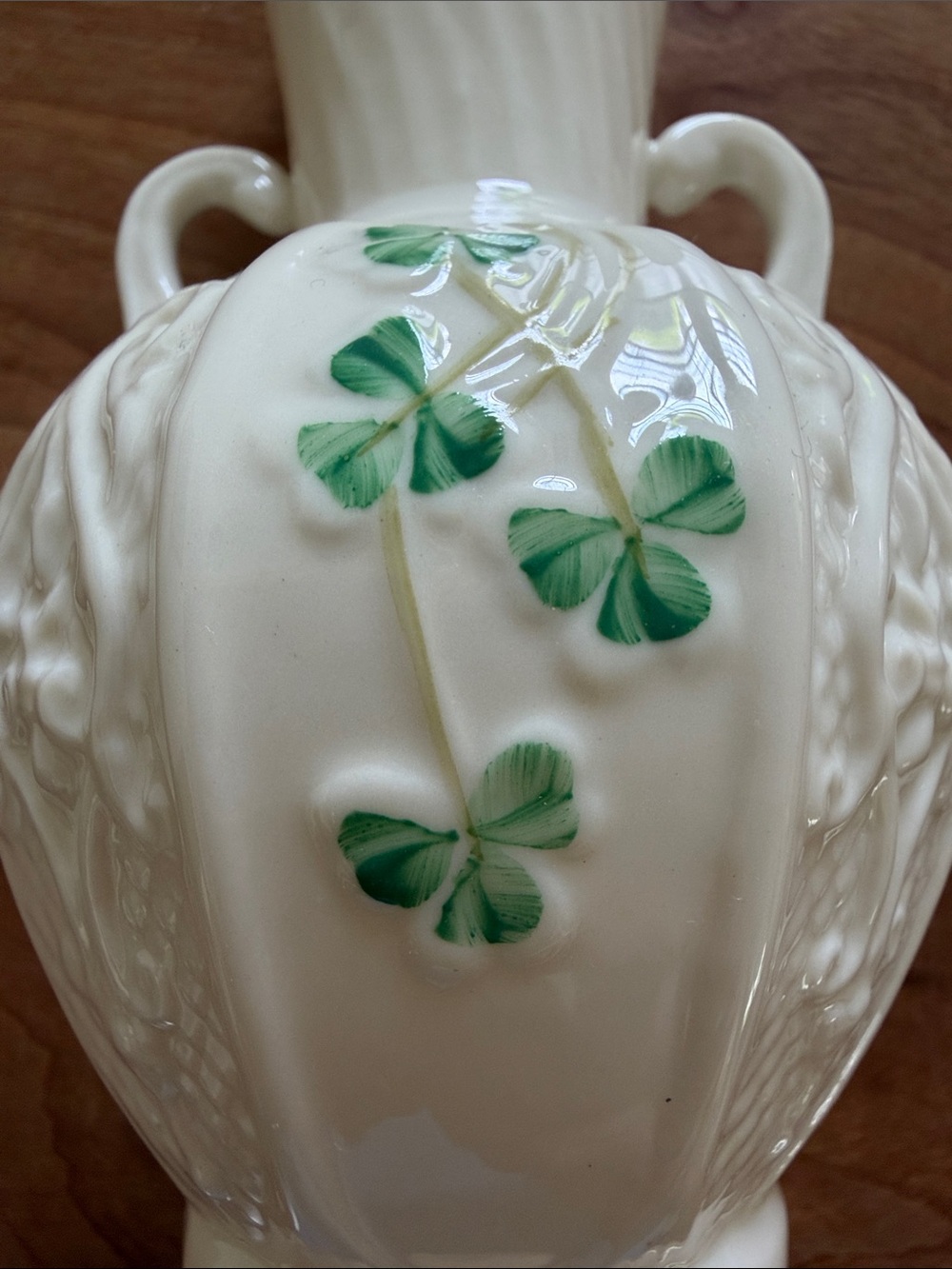 Belleek 6” Cream Porcelain Urn/Vase with Painted Green Shamrocks